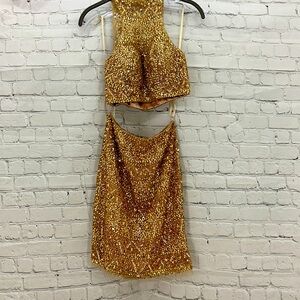 Splash  Gold 2pc cocktail formal dress fully stoned all‎ gold size 00